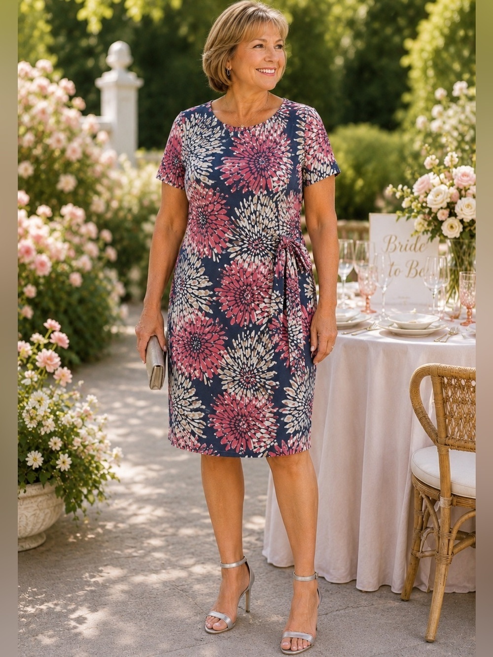 Floral Midi Dress in Coral and Navy - Classic Women's A-Line